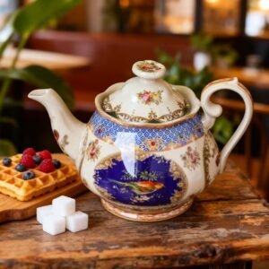 Elegant Blue Floral Ceramic Teapot